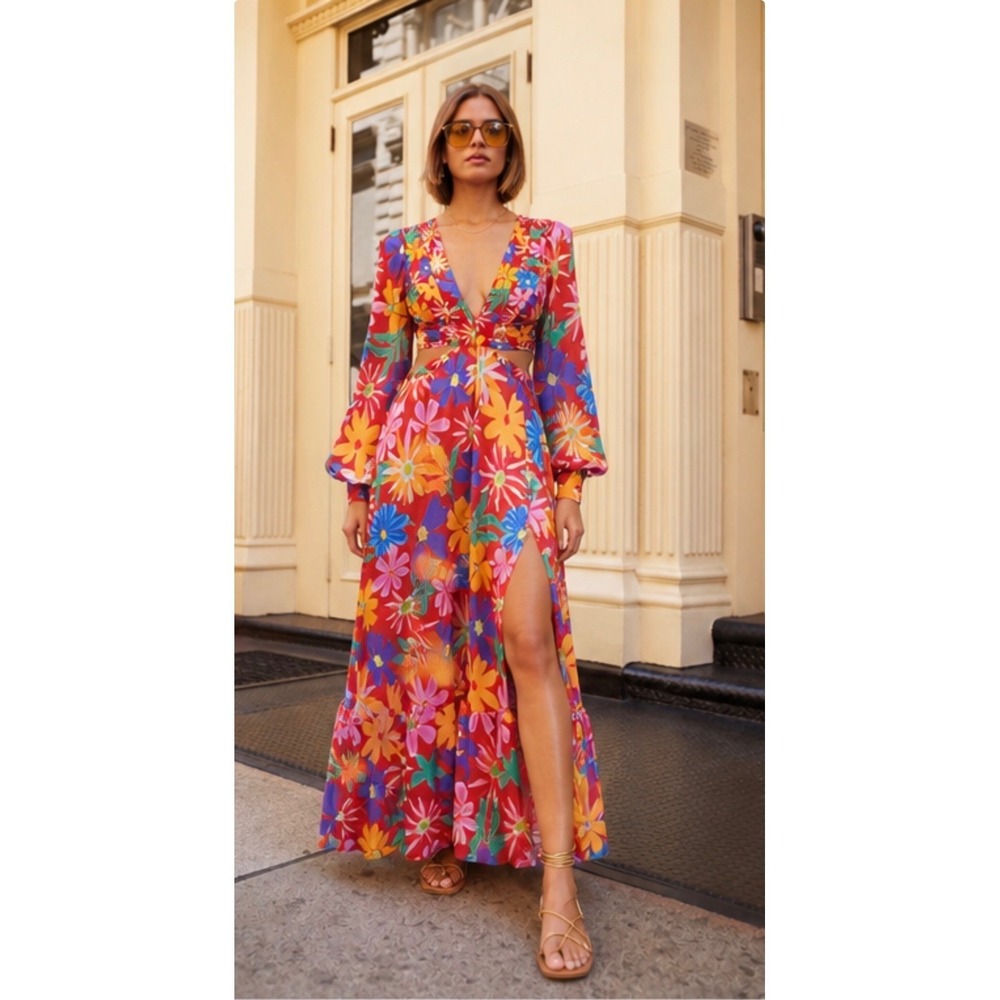 PatBO Aster Floral Cutout Maxi Dress Small Resort Vacation Beach Dress